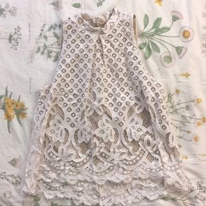 White & Nude Lace Sleeveless Blouse